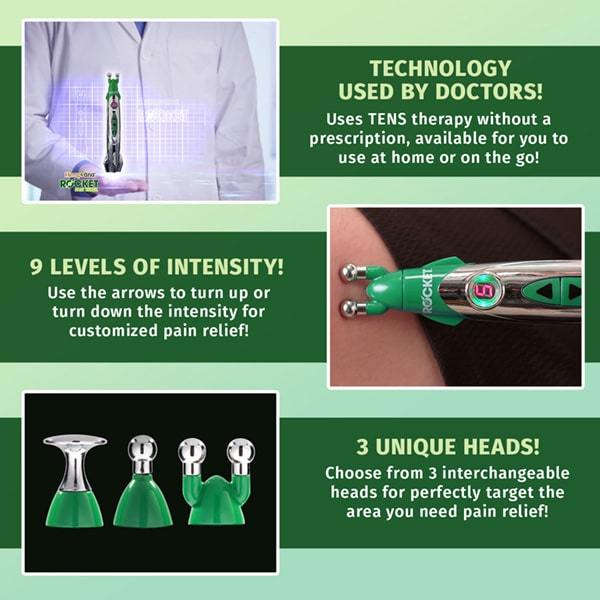 3 different images of Hempvana Rocket. Doctor in lab coat holding Rocket Relief in hand, close up of Rocket Relief on someone's arm, Rocket Relief's 3 interchangable heads on black background. Text says 'Technology used by doctors! 9 Levels of Intensity! 3 Unique Heads!'