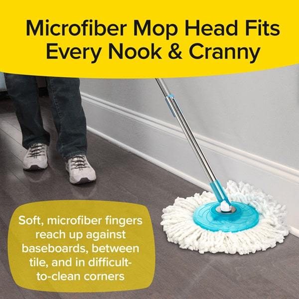 Microfiber mop head cleaning floor and side of the baseboard