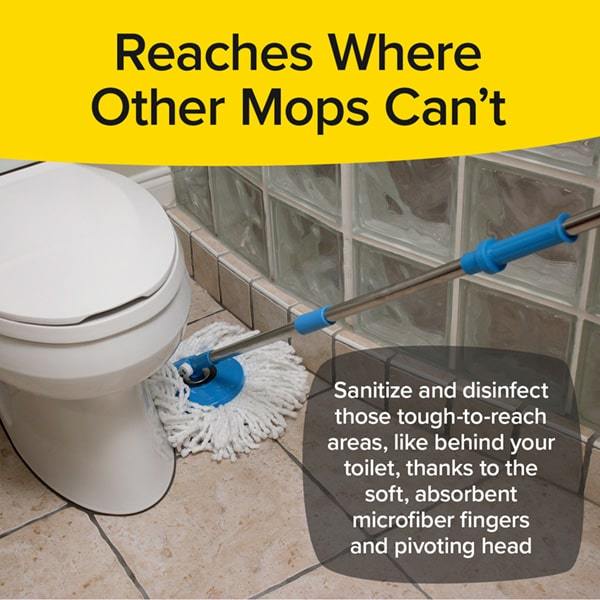 Hurricane Spin mop cleaning behind a toilet effortlessly