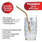 Red Copper Straw in glass with clear liquid in it. Headlines say Includes cleaning brush, portable, carry with you, set inclide: four straight straws, four bent straws, one cleaning brush, food grade stainless steel, won't ruse, no plastic components, dishwasher safe, non toxic