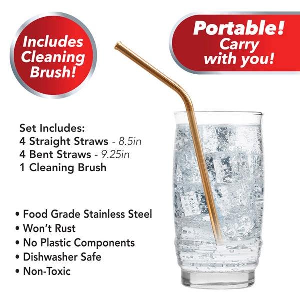 Red Copper Straw in glass with clear liquid in it. Headlines say Includes cleaning brush, portable, carry with you, set inclide: four straight straws, four bent straws, one cleaning brush, food grade stainless steel, won't ruse, no plastic components, dishwasher safe, non toxic