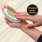 Woman holding PedEgg Easy Curve Foot File and touching grater with fingers. Headline says 18 karat gold plated