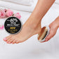 Woman using PedEgg Easy Curve Foot File on her heel. Headline says over sixty percent more micro files, new curved file