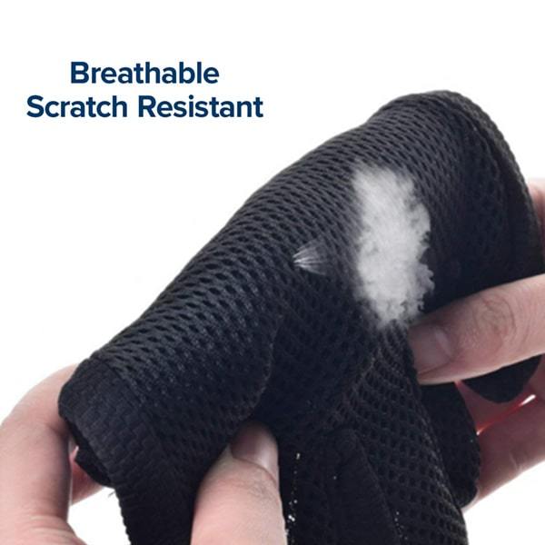 Close up of fur on a Pet Grooming Glove. Text says "Breathable, Scratch Resistant"