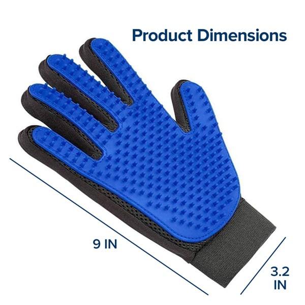 Pet Grooming Glove isolated on white background. Text says "Product Dimensions, 9 in, 3.2 in"