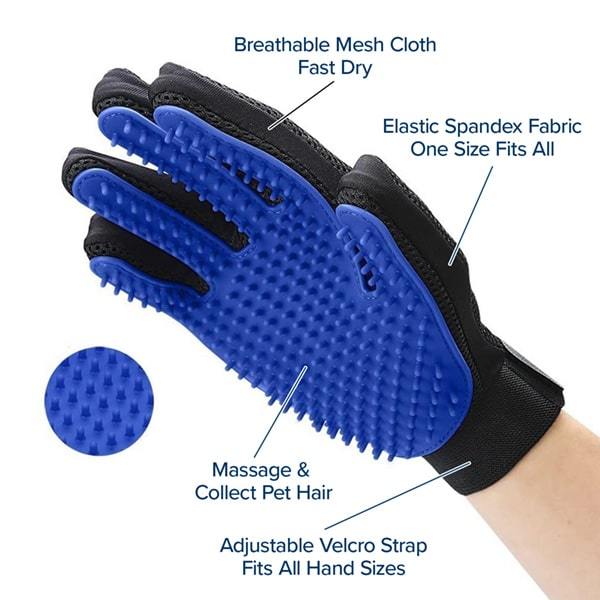 Pet Grooming Glove worn on someone's hand. Text says" Breathable Mesh Cloth Fast Dry, Elastic Spandex Fabric One Size Fits All, Massage & Collect Pet Hair, Adjustable Velcro Strap Fits All Hand Sizes