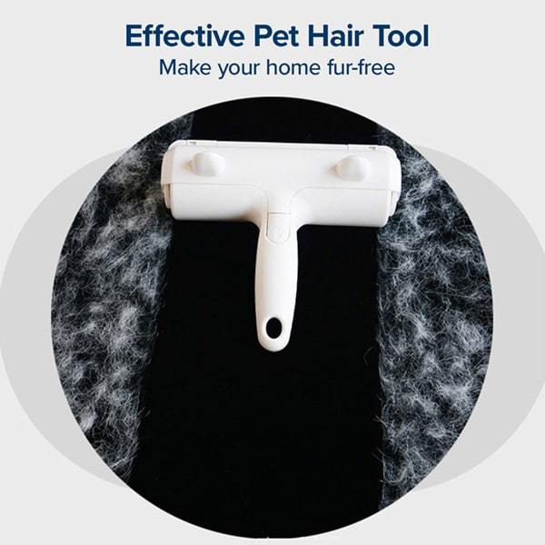 Pet Hair Remover in use on dark floor. Text says "Effective Pet Hair Tool, Make your home fur-free"