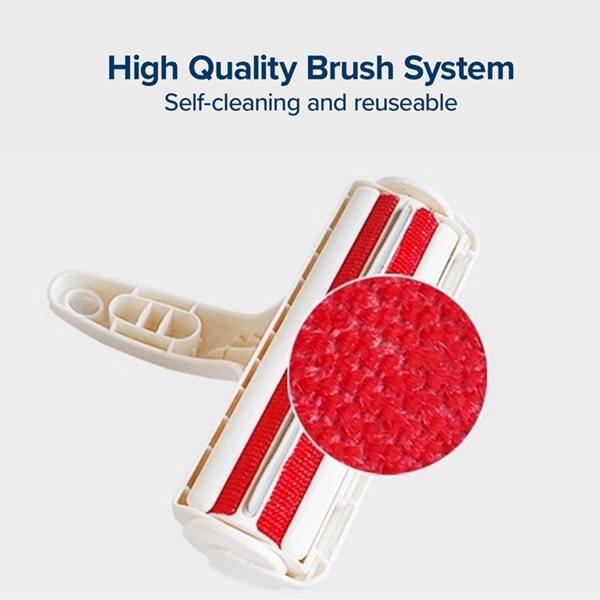 Close up of bottom of a Pet Hair Remover. Text says "High Quality Brush System, Self-cleaning and reusable"
