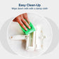 Close up of someone cleaning an open Pet Hair Remover. Text says "Easy Clean Up, Wipe down with a damp cloth"