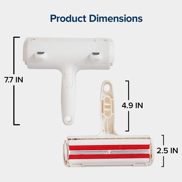 The front and back view of a Pet Hair Remover and its dimensions. Text says Product Dimensions, 7.7 in, 4.9 in, 2.5 in"