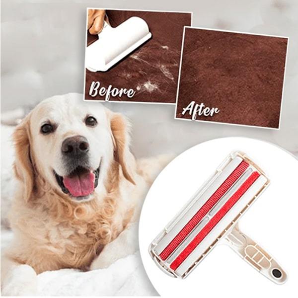 Before and after images of Pet Hair Remover after use on carpet with fur on it