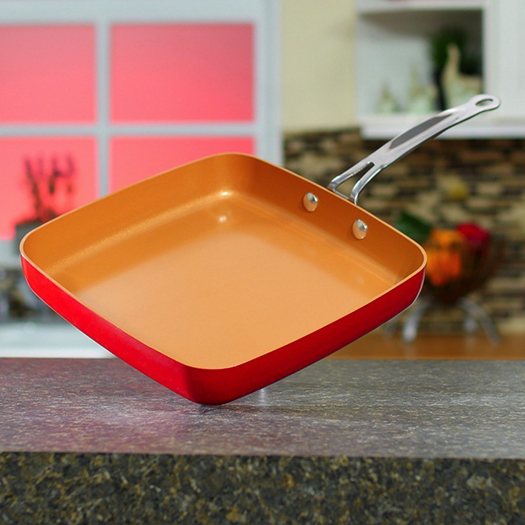  BulbHead Red Copper Square Pan 5 Piece Set by BulbHead, 10-Inch  Pan, Glass Lid, Fry Basket, & More: Home & Kitchen