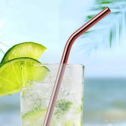 Red Copper Straw in glass with a clear carbonated drink and lime slices on the rim