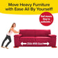 image of woman pushing a red couch in front of a white background with ruby movers under the couch legs.  there is text over the couch reading "move heavy furniture with ease all by yourself!" with a red circle on the top right with text reading red means they're authentic. tm