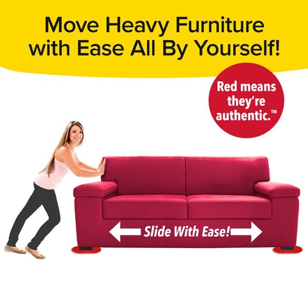 image of woman pushing a red couch in front of a white background with ruby movers under the couch legs.  there is text over the couch reading "move heavy furniture with ease all by yourself!" with a red circle on the top right with text reading red means they're authentic. tm