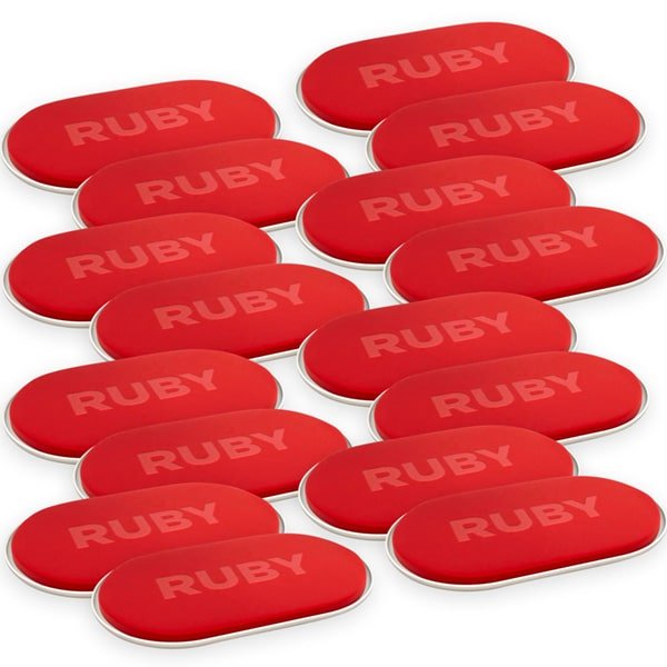 image of 16 red  oval ruby slider units in front of white background