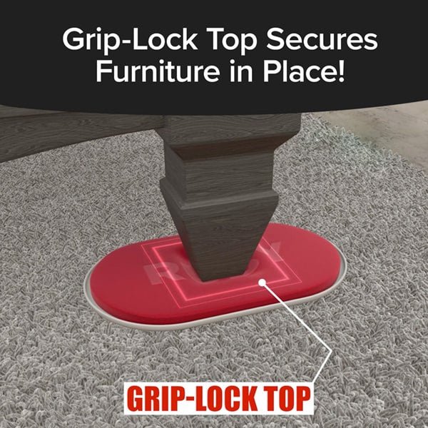 digital rendering of couch leg on top of red ruby slider unit on top of carpet with text pointing to the ruby slider reading "grip-lock top" . there is text on top of the image reading "grip-lock top secures furniture in place!"