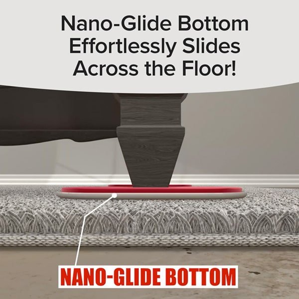 rendering of couch leg on ruby mover with text overlay reading" nano-glide bottom" and text on top reading nano-glide bottom effortmessly slides across the floor!"