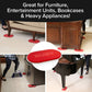 on bottom left: image of refrigerator with ruby mover units under with persons legs sweeping - bottom right: piano with ruby mover units under the legs. top right: desk with ruby movers under the legs. top left: couch with ruby mover units under the  legs. text on top reading "great for furniture, entertainment units, bookcases & heavy appliances!"