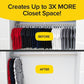 before and after images with full rack of clothes up top as Before and all shirts condensed to one side for After with black text over yellow banner reading "Creates up to 3x more closet space!"and 