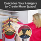 image of woman hanging clothes up utilizing ruby space triangles with a closeup image of the ruby triangle and text on top reading "cascades your hangers to create more space!"