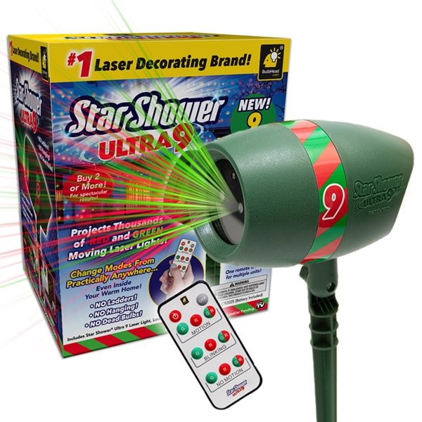 star shower ultra 9 retail box with green start shower ultra 9 unit placed in front of the box with a small remote places right below the unit in front of white background