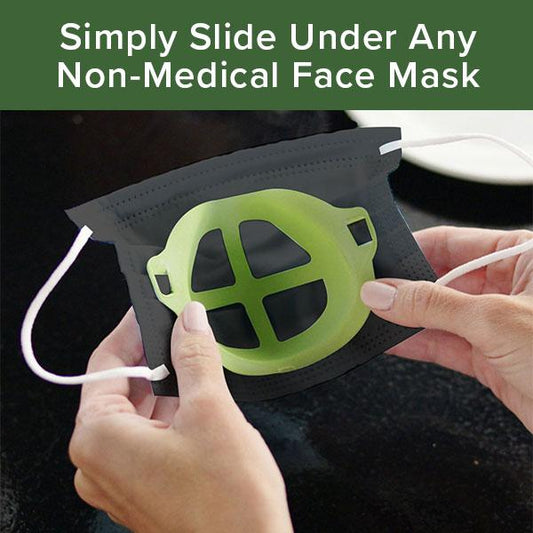 Close up of woman's hands holding a black face mask with a Cool Turtle under it. Headline says Simply Slide Under Any Non-Medical Face Mask