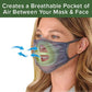 Woman wearing a mask showing a demonstration of Cool Turtle underneath the mask transparently. Headline says "Creates a Breathable Pocket of Air Between Your Mask & Face"