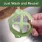 Close up of woman's hand holding a Cool Turtle under running water. Headline says "Just Wash and Reuse"