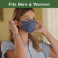 Woman putting on gray face mask. Headline says "Fits Men and Women"