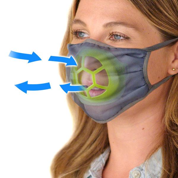 Woman wearing a mask showing a demonstration of Cool Turtle underneath the mask transparently. 