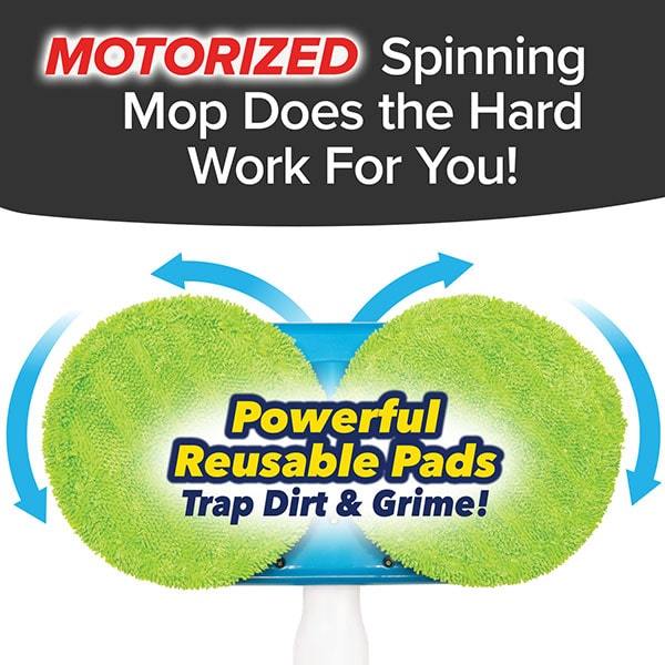 Close up of bottom of Floor Police. Text says "Motorized Spinning Mop Does the Hard Work For You! Powerful Reusable Pads Trap Dirt & Grime!"