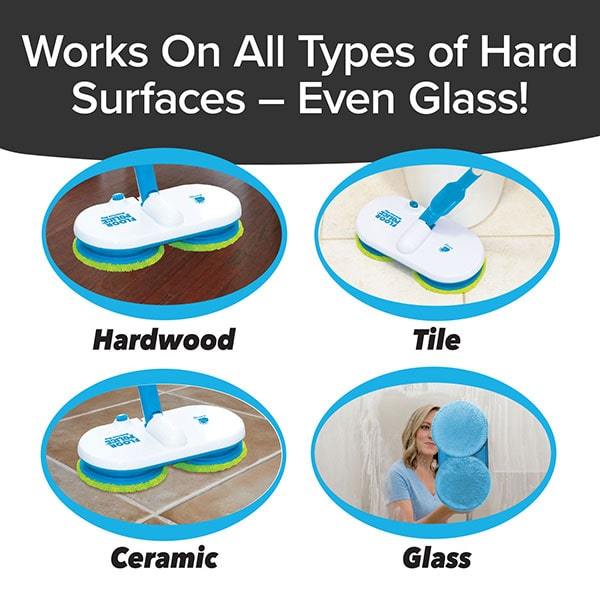 4 images of Floor Police on different surfaces. Text says "Works on All Types of Hard Surfaces - Even Glass! Hardwood, Tile, Ceramic, Glass"