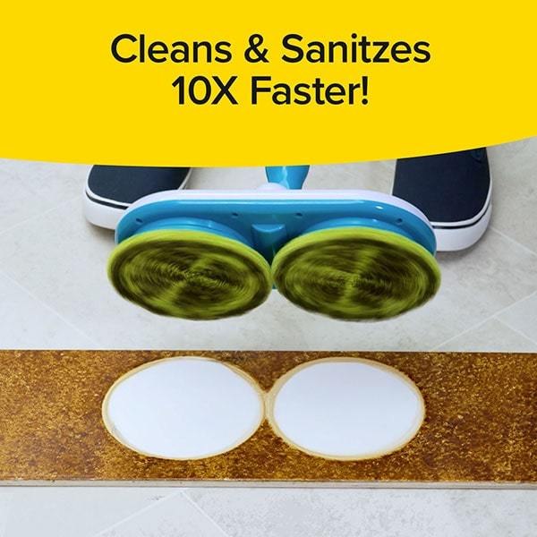 Demonstration of Floor Police on dirty floor. Text says "Cleans & Sanitizes 10x Faster!"