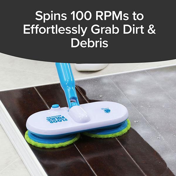 Close up of Floor Police in use. Text says "Spins 100 RPMs to Effortlessly Grab Dirt & Debris"