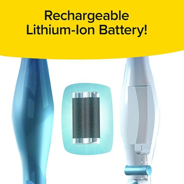 Close up of battery compartment on Floor Police. Text says "Rechargeable Lithium Ion Battery"