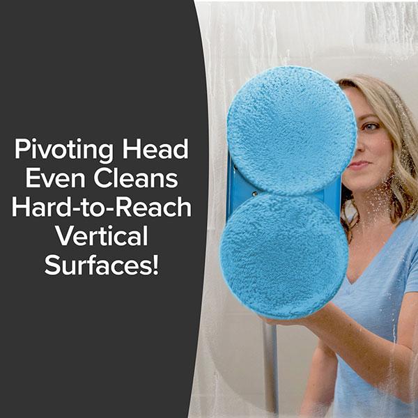 Woman using Floor Police on shower glass. Text says "Pivoting Head Even Cleans Hard to Reach Vertical Surfaces!"