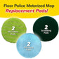 Floor Police Pads on white background. Text says "Floor Police Motorized Mop Replacement Pads! 2 microfiber pads, 2 polishing pads, 2 scrubbing pads"
