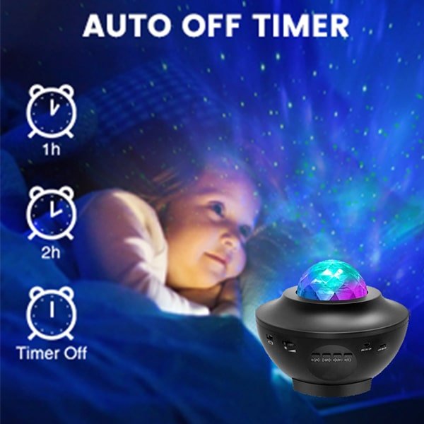 Child laying next to Bluetooth Speaker Star Light Projector on in bed emitting blue light. Text says "Auto Off Timer, 1h, 2h, Timer Off"