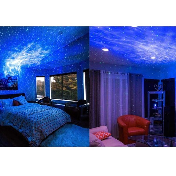 Bluetooth Speaker Star Light Projector in use with blue light coming out of it projecting onto ceiling of a room.