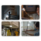 Four images of Atomic Beam Taplight in different settings. A man putting it onto a wall in an attic, a man repairing a faucet using the light from an Atomic Beam Taplight on the wall, an Atomic Beam Taplight lit up on the ceiling of a garage, a  small child going down some stairs and an Atomic Beam Tapligjht is on each step lit up