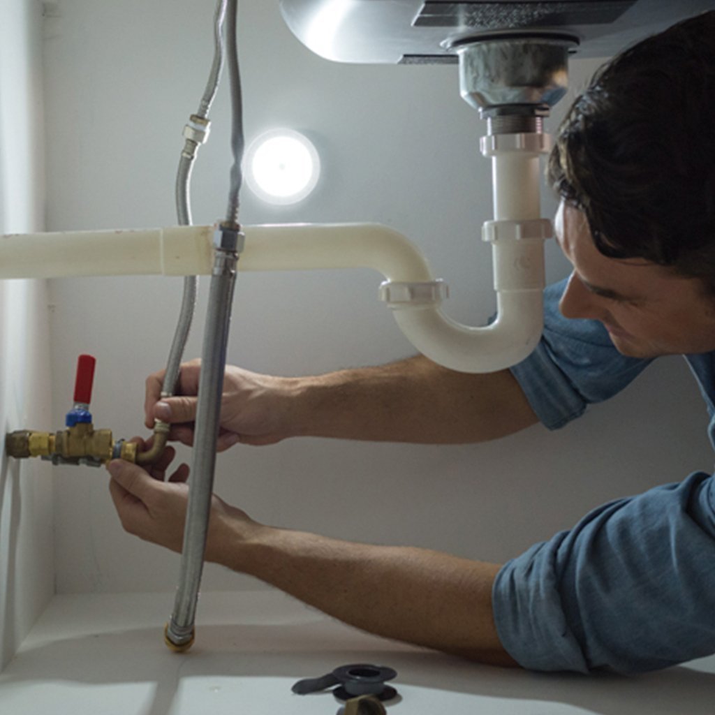 Man repairing a faucet using the light from an Atomic Beam Taplight on the wall
