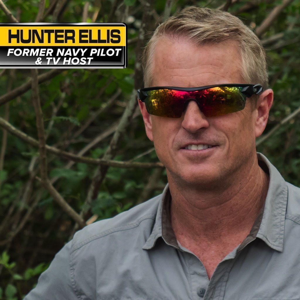 Hunter Ellis wearing a pair of Battle Vision sunglasses. Text says Hunter Ellis Former Navy Pilot and TV Host