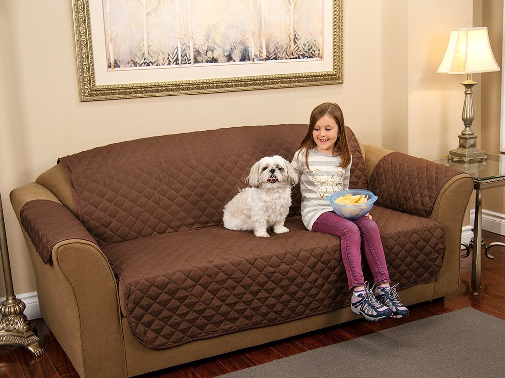 Small girl and dog sitting on a brown Couch Coat laid on a couch