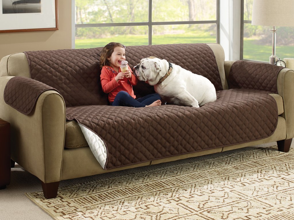 Small girl and dog sitting on a brown Couch Coat laid on a couch