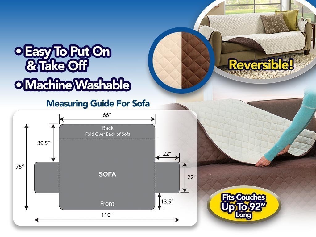 Image of a measuring guide for a sofa to place Couch Coat on. Text says easy to put on and take off, machine washable, reversible, fits couches up to ninety two inches long