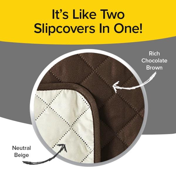 Close up of Couch Coat showing the two different colors on both side. Text says It's Like Two Slipcovers In One! Rich Chocolate Brown and Natural Beige