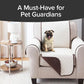 Dog sitting on beige Couch Coat laid over a chair. Text says A Must Have For Pet Guardians