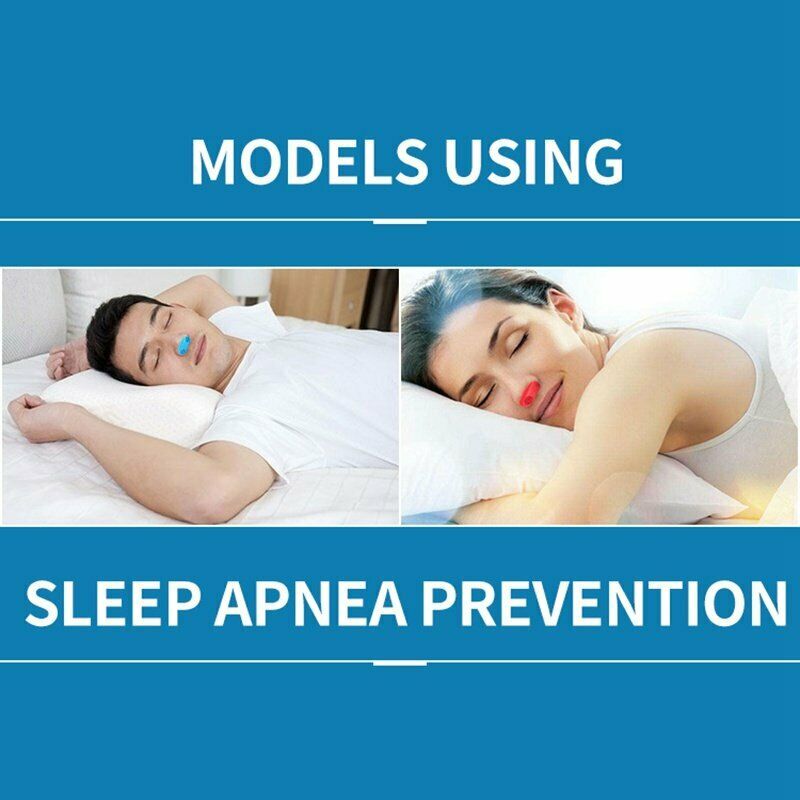 Man and woman sleeping in beds wearing Sleeping Aid in their nostrils. Text says "Models using sleep apnea prevention"