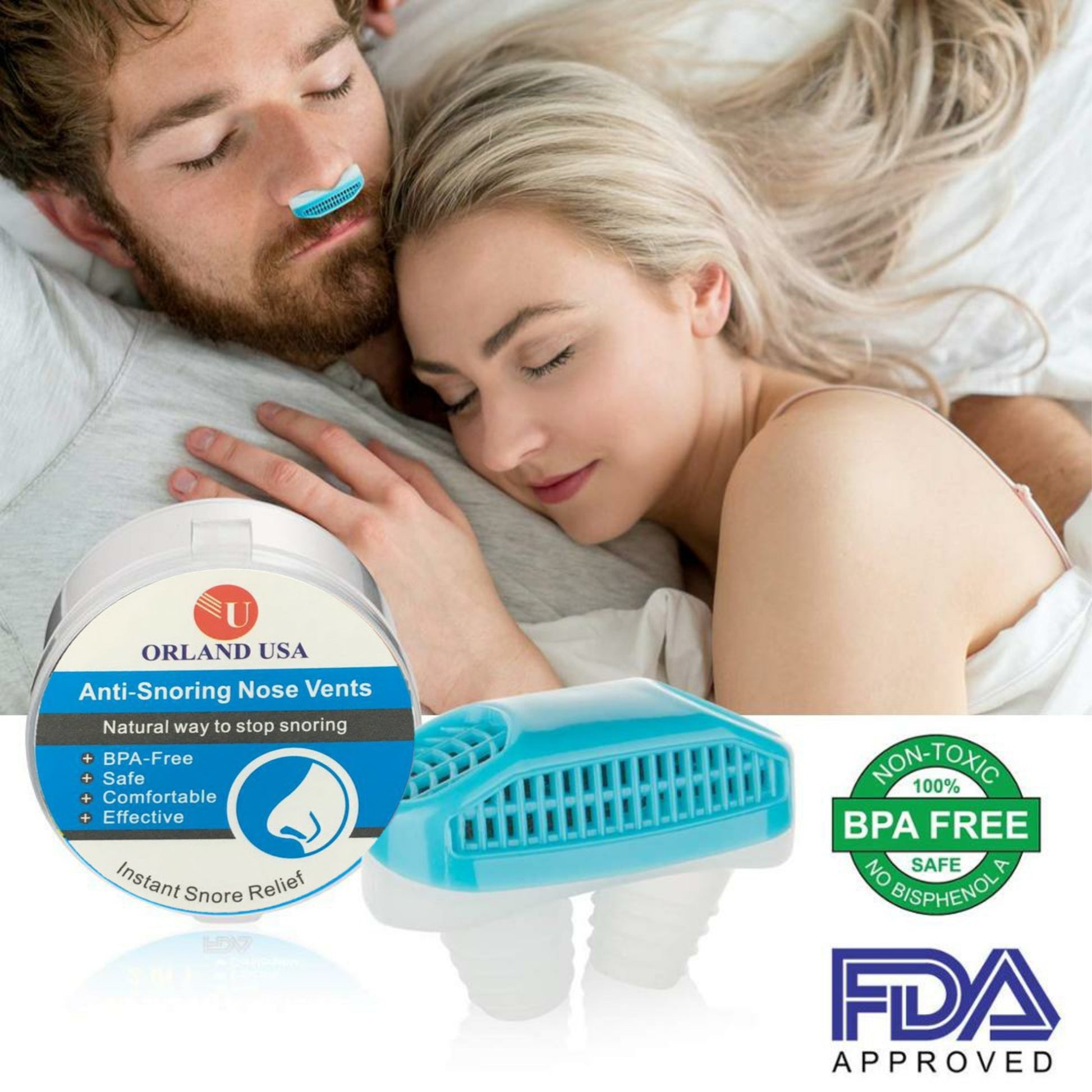 Man and woman sleeping with the Sleeping Aid  in man's nostrils